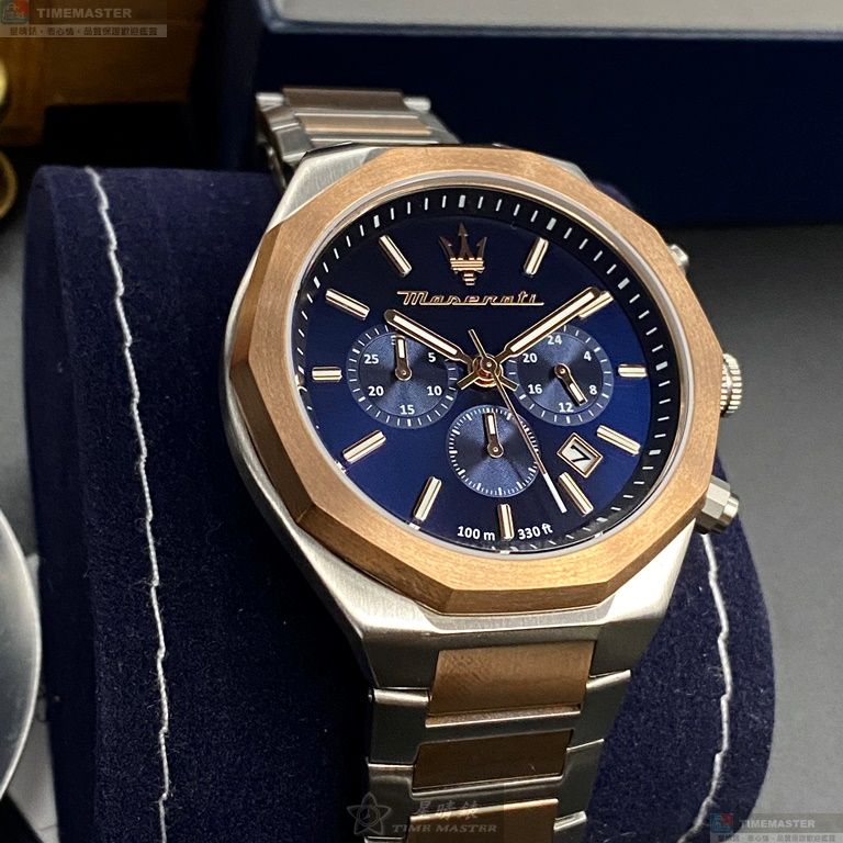 [星晴錶業]MASERATI手錶,46mm,R8873642002寶藍色錶面玫瑰金錶殼金銀相間精鋼錶帶款, , large