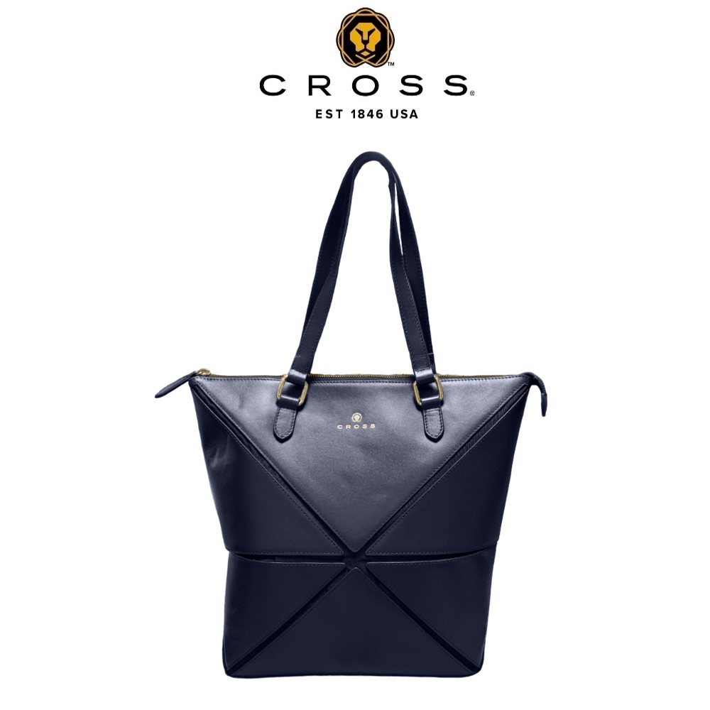 【CROSS】限量1折 頂級小牛皮幾何手提包拖特包 全新專櫃展示品(深藍色), , large