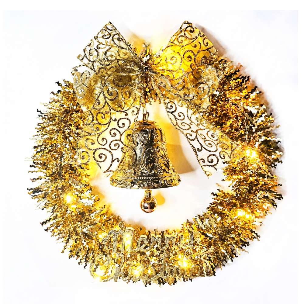 摩達客14吋璀璨金運系金蔥彎絲聖誕花圈+20燈LED暖白光燈串_本島免運費, , large