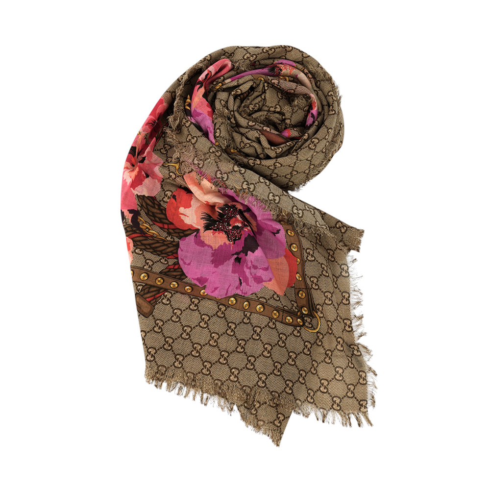 GUCCI GG Logo 花卉圖案羊毛披肩/圍巾/米色/紫紅色, , large