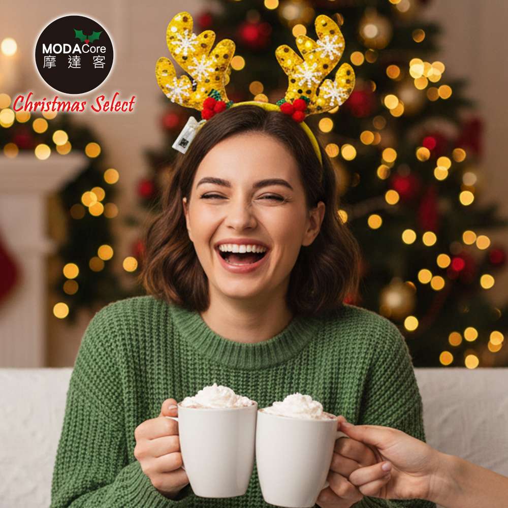 摩達客-聖誕雪花片鹿角髮箍黃色款+LED燈暖白光-耶誕派對交換禮物, , large