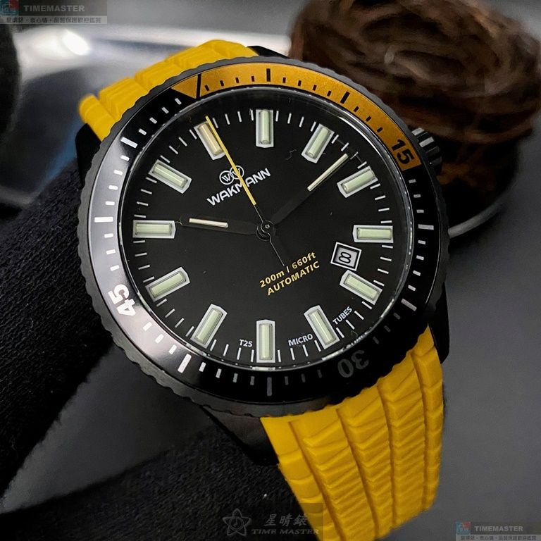 [星晴錶業]WAKMANN手錶,44mm,WA00029黑色錶面黑錶殼黃矽膠錶帶款, , large