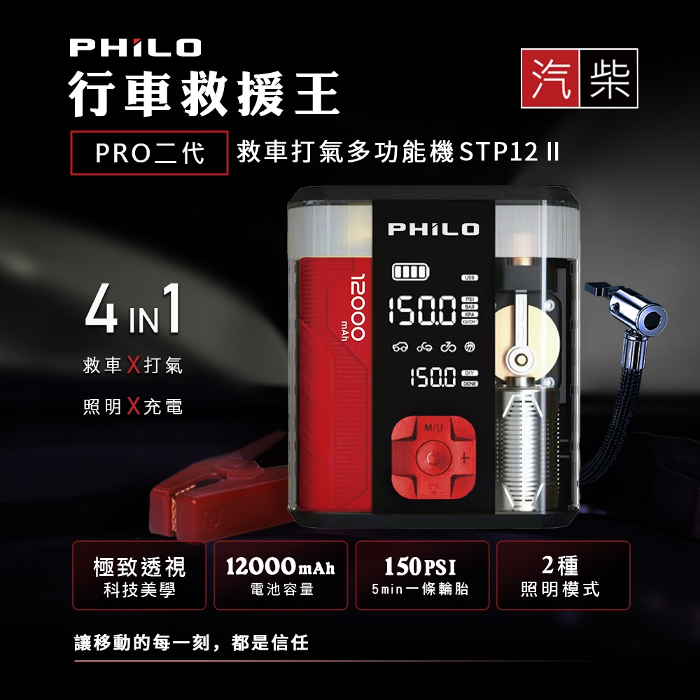 飛樂 2025年式 行車救援王STP12二代 透視版 4in1 多功能12000mAh 汽柴油救車電源+打氣機 贈收納包, , large