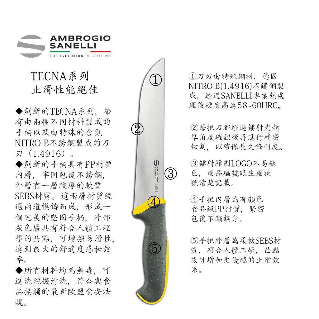 蓋瑞廚物【SANELLI 義大利製 TECNA 止滑 切肉刀 18 20 22cm 】 牛肉刀 肉刀 牛刀 屠夫刀 屠刀, , large