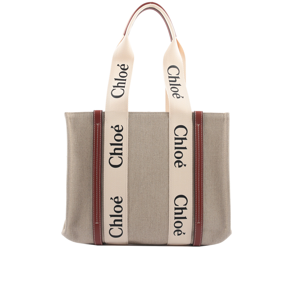 CHLOE' Woody 亞麻帆布拼牛皮托特包/中款/焦糖色, , large