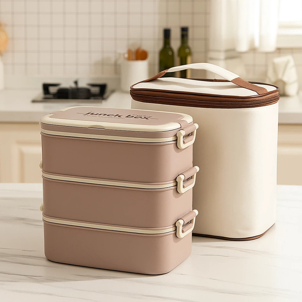 【A&R】日系316不鏽鋼三層便當盒 附餐具 保溫袋 1200ML - 可可拿鐵, , large