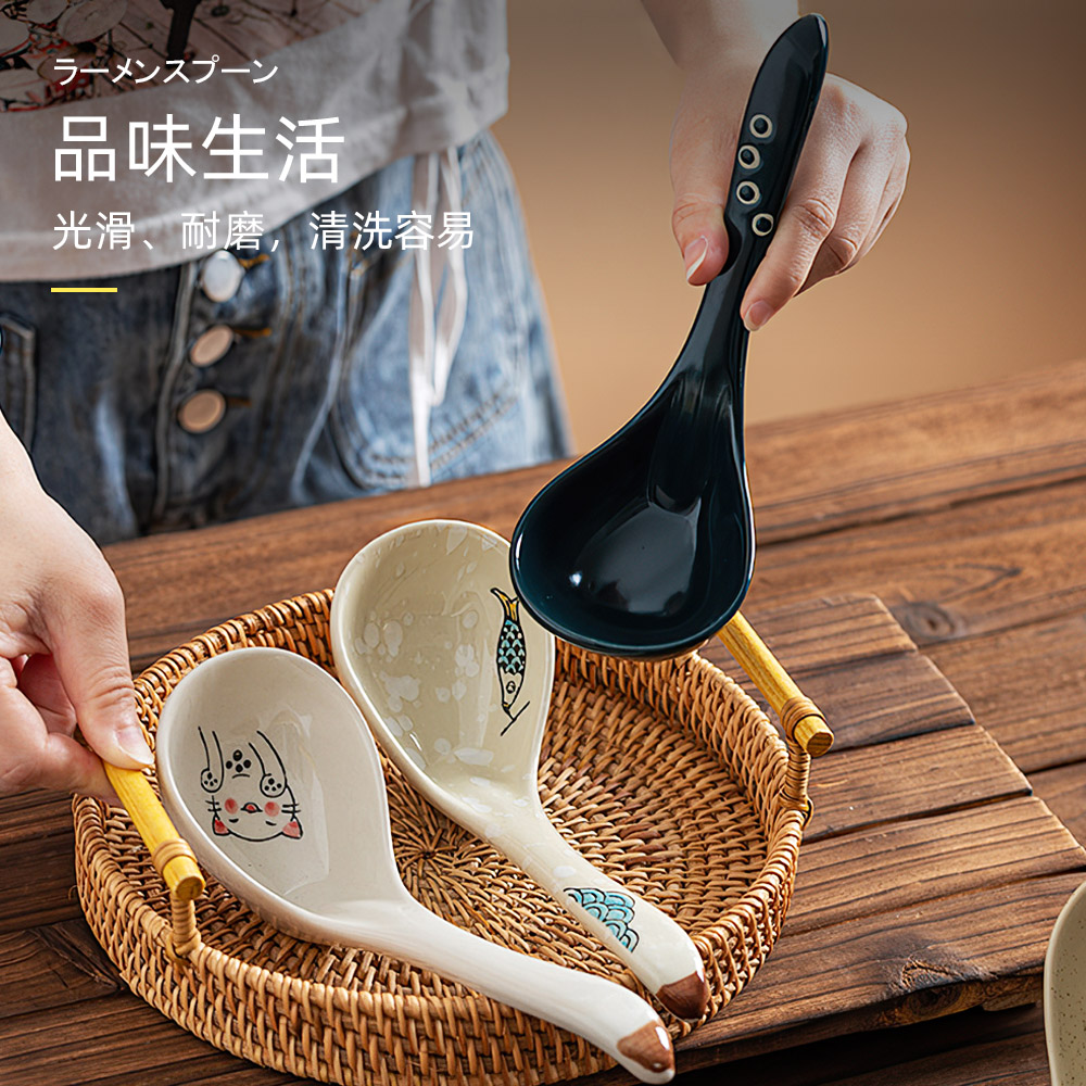 【上手家居】日式拉麵湯匙 2支組 招財貓 日式湯匙 大+小 2支組(湯勺/陶瓷湯匙/日式湯匙/勺子/陶瓷餐具/拉麵勺), , large