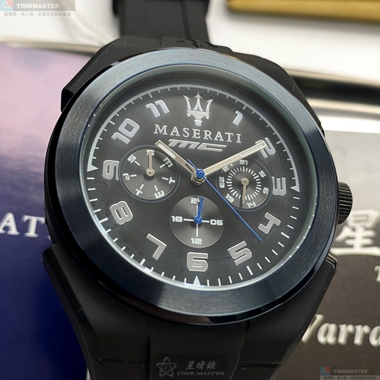[星晴錶業]MASERATI手錶,44mm,R8851115007黑色錶面寶藍錶殼深黑色矽膠錶帶款, , large