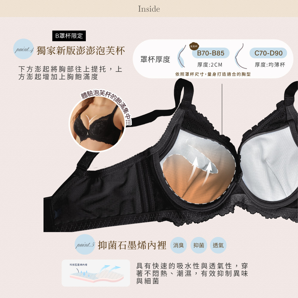 【Clany可蘭霓】 澎然升級 抑菌石墨烯軟鋼圈調整型BCD內衣｜低脊心.集中包副乳.蕾絲內衣 8071-63 質感黑, , large