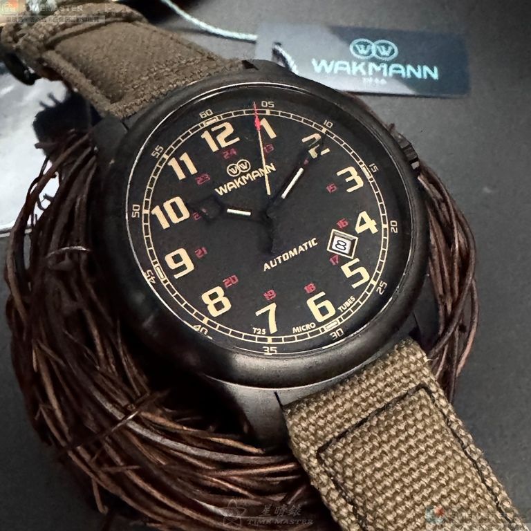 [星晴錶業]WAKMANN手錶,44mm,WA00041黑色錶面黑錶殼卡其色複合材質錶帶款, , large