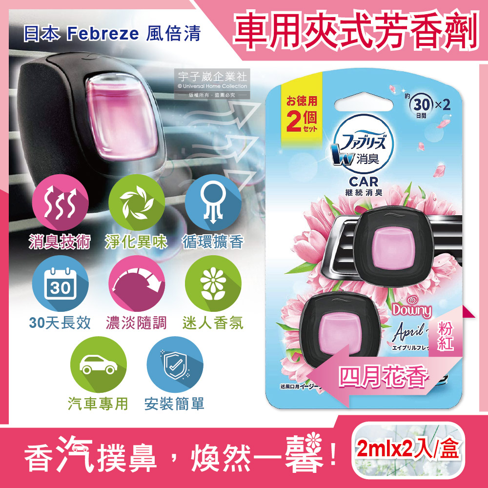 [日日好物]日本Febreze風倍清-汽車空調出風口專用W消臭香氛夾式空氣芳香劑2mlx2入/盒(多款可選), , large