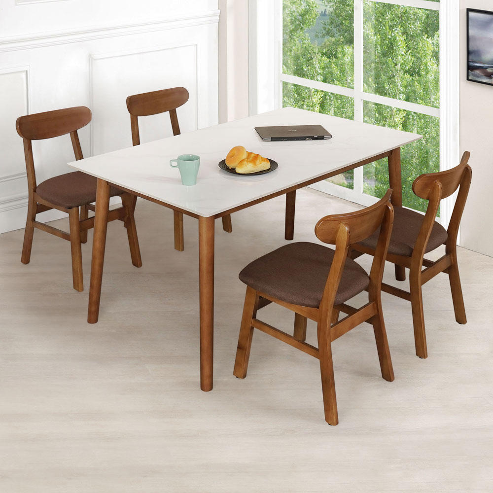 【Homelike】 喜家居140cm白岩板胡桃餐桌椅組(一桌四椅)(2517-22), , large