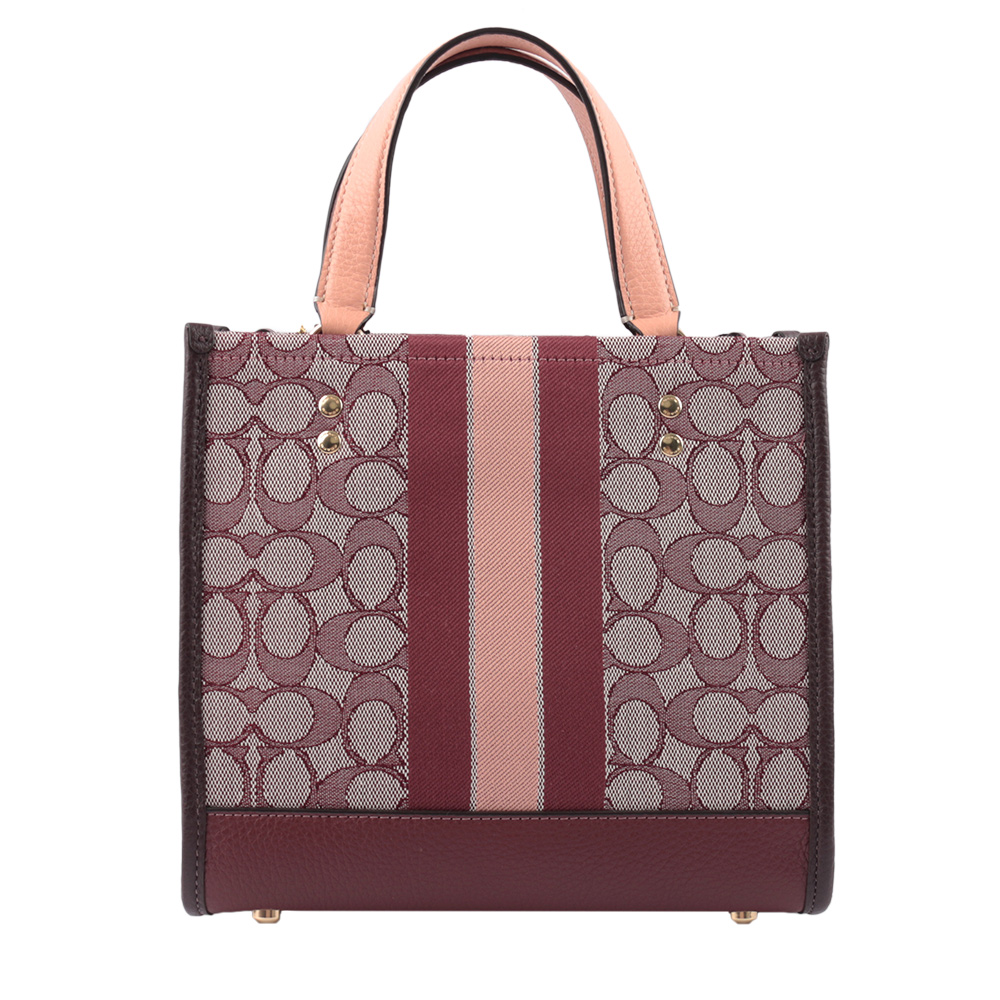COACH Dempsey Tote 22 緹花拼皮革二用托特包/酒紅色/裸色, , large