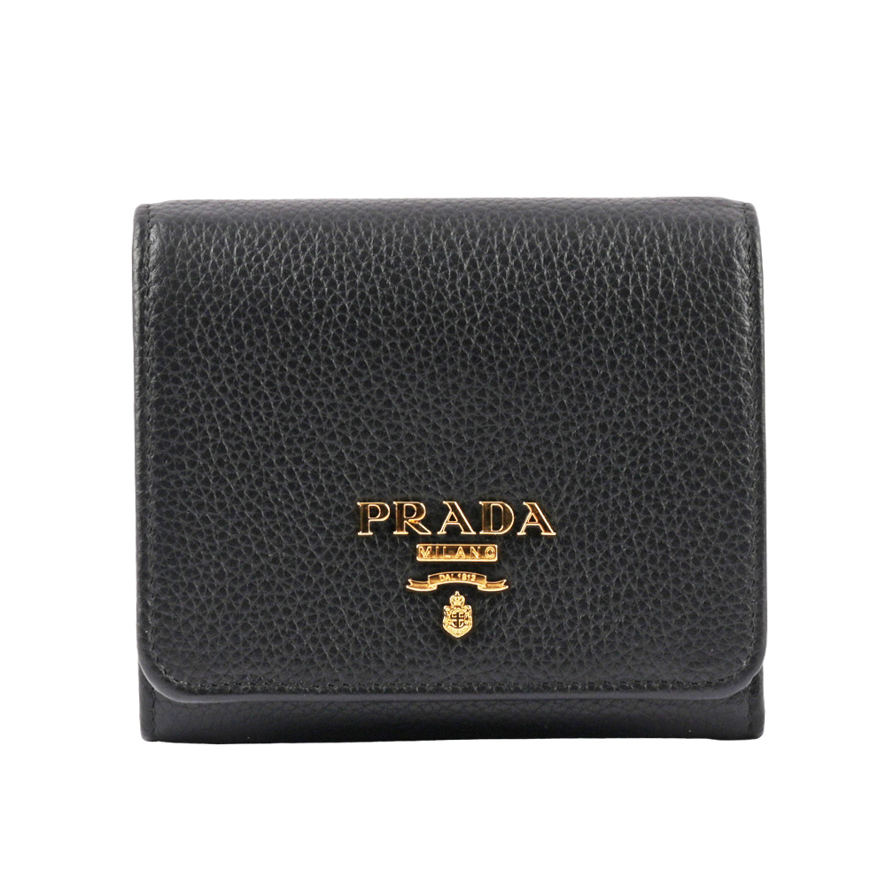 PRADA 浮雕Logo 荔枝皮革暗釦三折短夾/黑色, , large