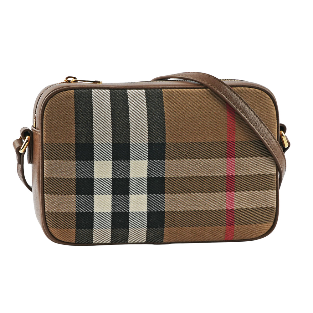 BURBERRY 經典深格紋及牛皮大款拉鍊相機包/土棕色, , large