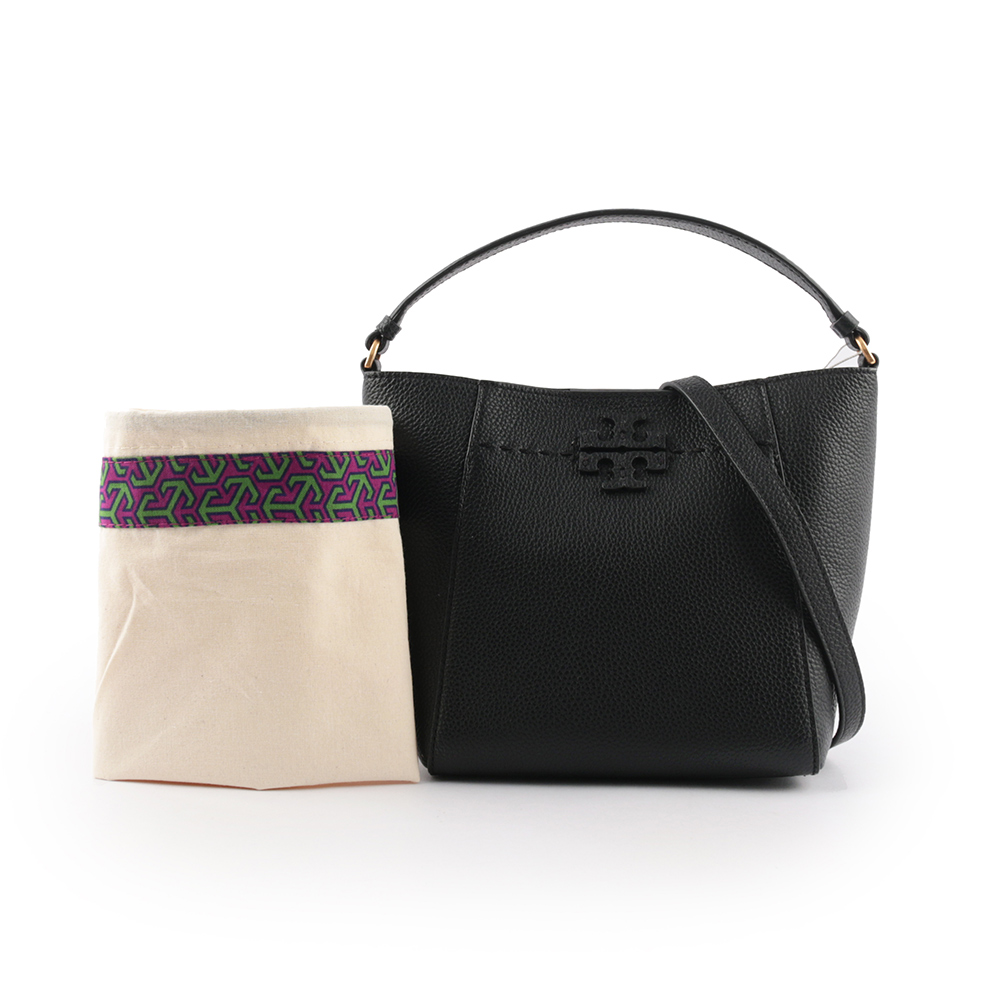 Tory Burch McGRAW 荔枝皮革小型水桶包/黑色, , large