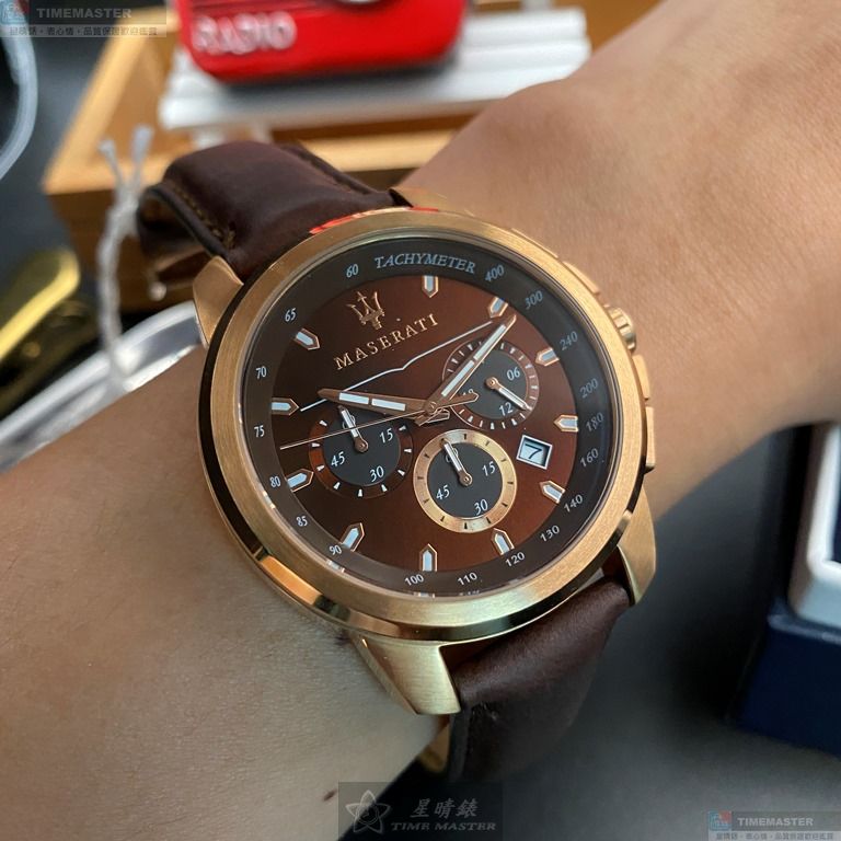 [星晴錶業]MASERATI手錶,44mm,R8871621004古銅色錶面玫瑰金錶殼咖啡色真皮皮革錶帶款, , large