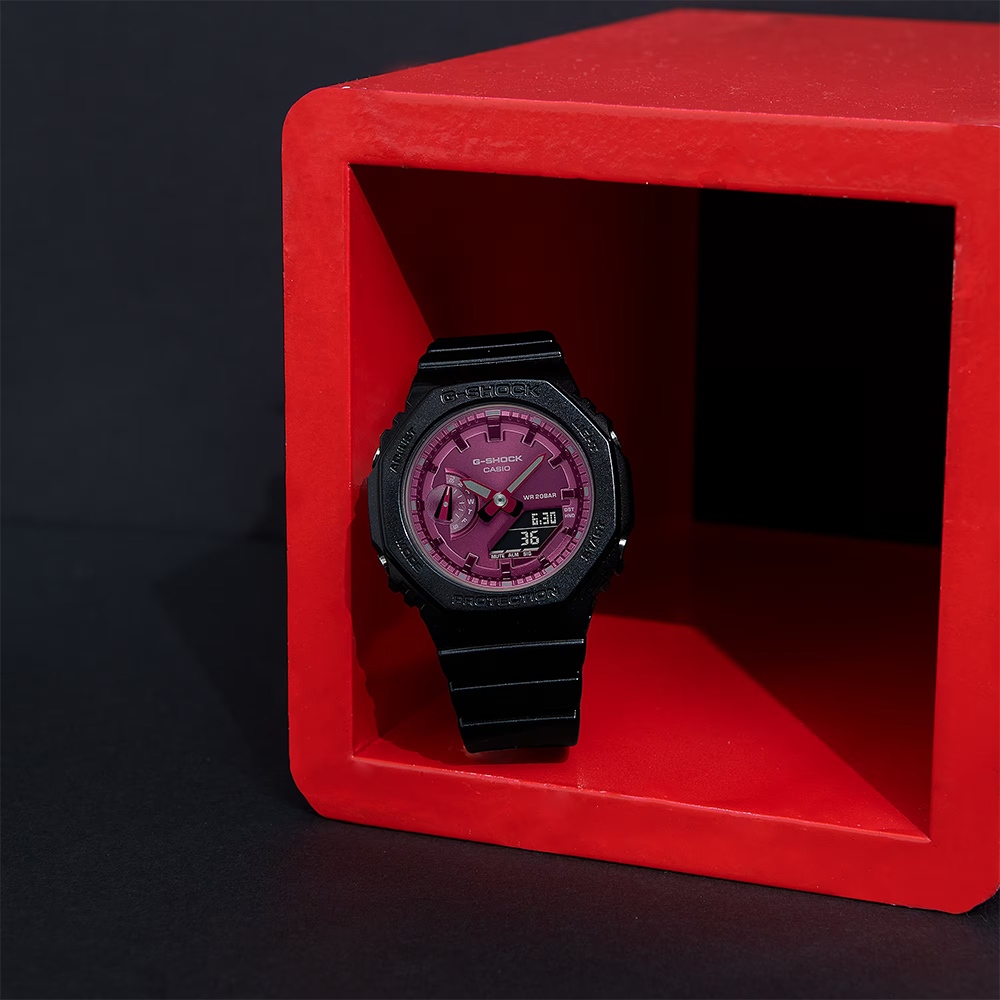 CASIO 卡西歐 G-SHOCK 八角 勃根地酒紅系列 雙顯手錶 GMA-S2100RB-1A, , large
