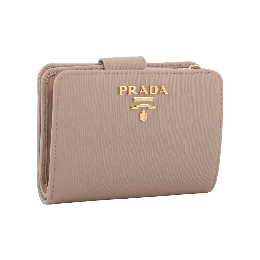 PRADA 浮雕Logo水波紋拉鍊釦式厚款零錢短夾/藕粉色, , large