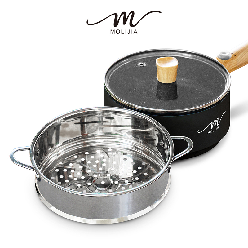 【MOLIJIA】1.6L-M18 Multifunctional Non-stick Electric Cooking Pot + M1812 Stainless Steel Steamer - Black Wood Grain, , large