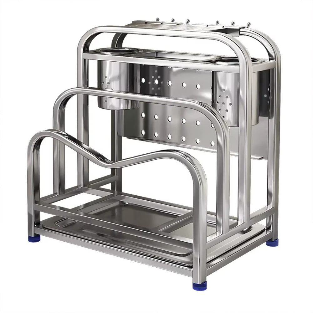 Heightened and widened 304 stainless steel kitchen integrated knife rack, cutting board rack, double slot chopstick cage, pot lid storage rack