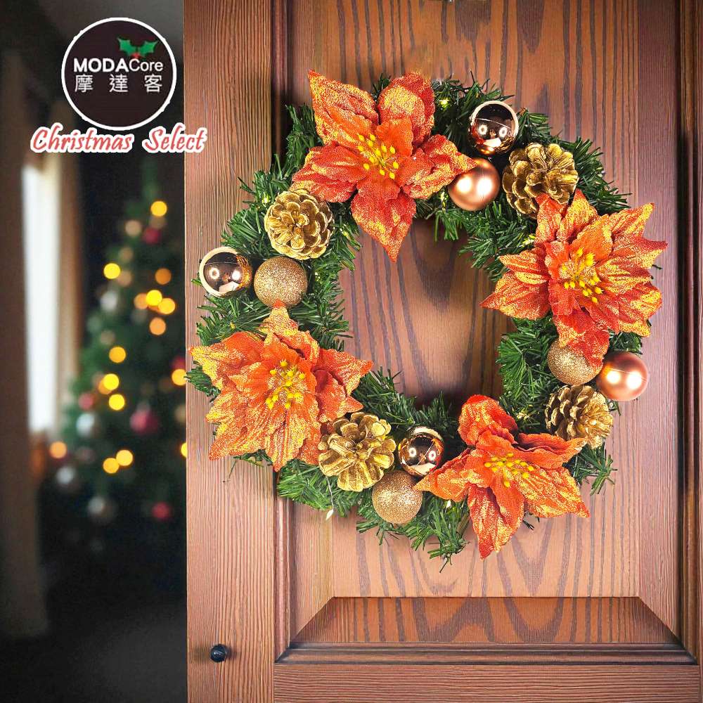 摩達客14吋浪漫朵朵聖誕花豪華綠色聖誕花圈福臨圈_珊瑚紅橙金系_台灣工藝免組裝_本島免運費, , large
