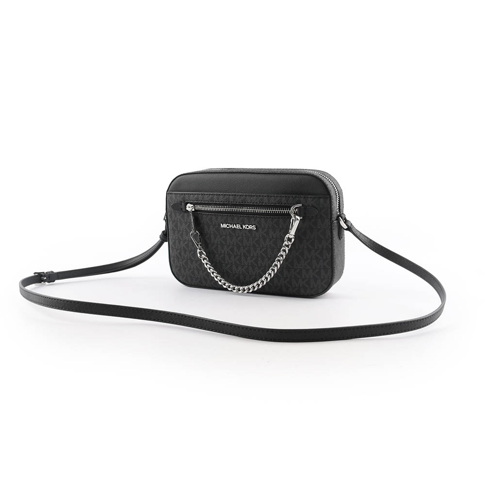 Michael Kors 銀字滿版塗層帆布附鏈帶前口袋方包/黑色, , large