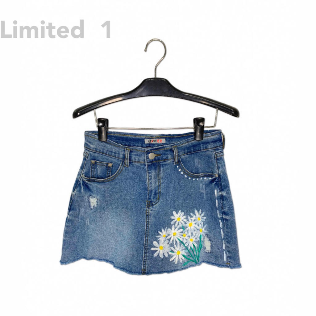 Daisy hand-painted pocket denim skirt light blue, , large