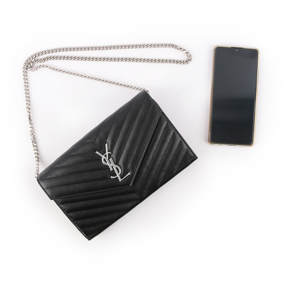 YSL V紋荔枝皮銀色LOGO WOC 斜背包/黑色, , large