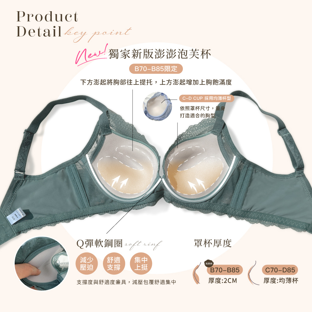 【Clany可蘭霓】澎然心動 石墨烯抑菌軟鋼圈集中包覆BCD蕾絲內衣 森林綠 8063-83, , large