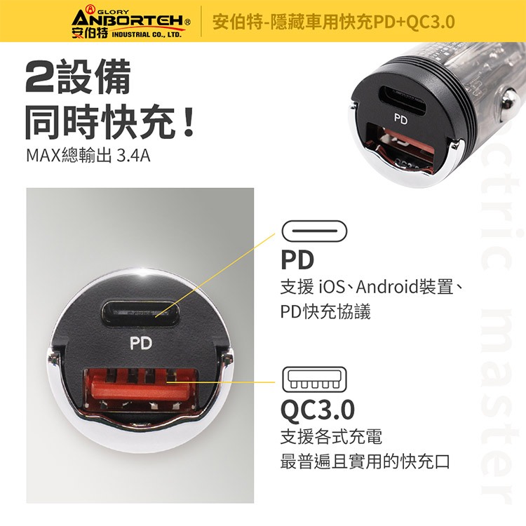 【安伯特】隱藏車用快充PD+QC3.0 (國家認證 一年保固) 車充 PD快充 車用充電器 R3D197, , large