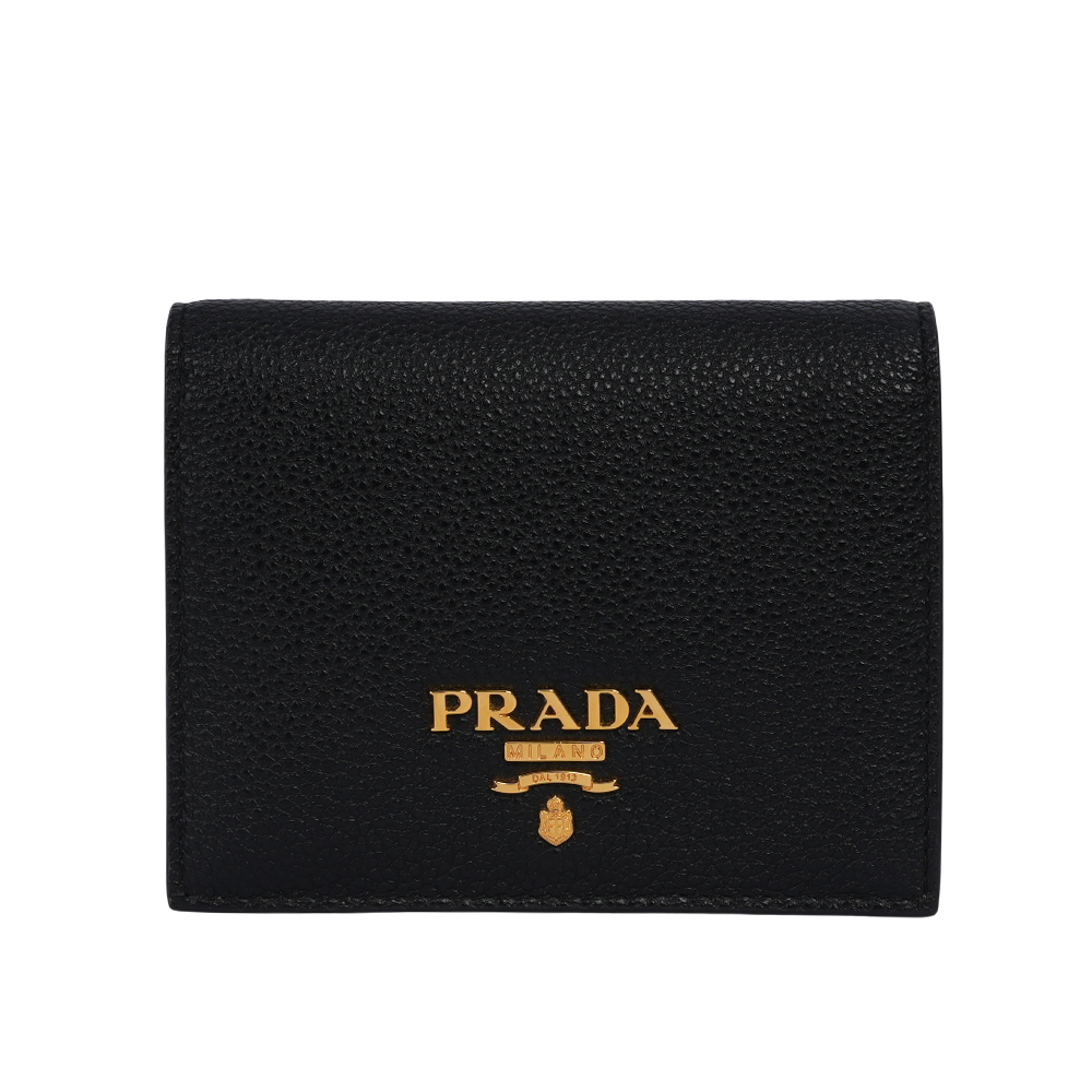 PRADA 浮雕Logo 荔枝皮革內拼色二折零錢袋短夾/黑色/藕粉色, , large