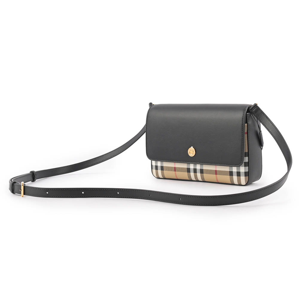 BURBERRY Penny 格紋帆布拼小牛皮翻蓋斜背包/經典米色/黑色, , large