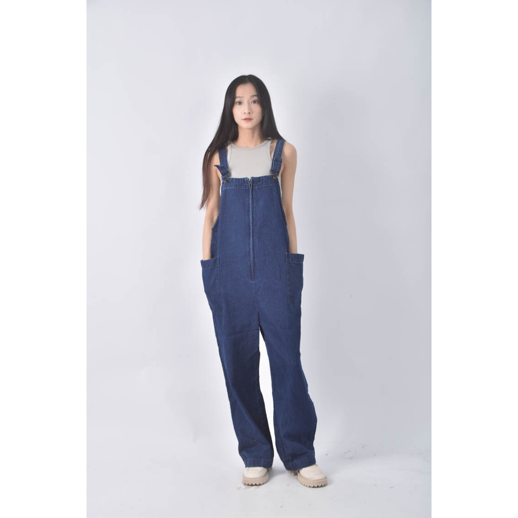 (4XL（含）以上) urban research doors高腰吊帶丹寧牛仔寬版藍色長褲二手衣, , large