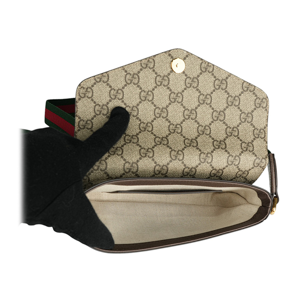 GUCCI Ophidia 塗層帆布及綠紅織帶信封式迷你斜背包/米色/烏木色, , large