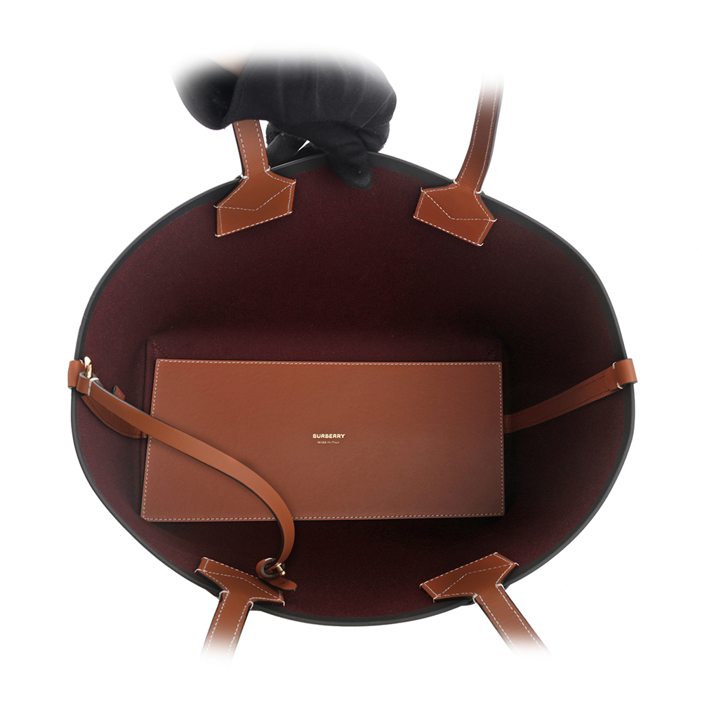 BURBERRY London 經典格紋棉質帆布小型托特包/石楠木棕/黑色, , large