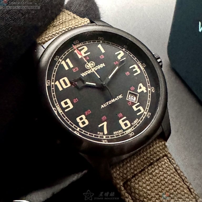 [星晴錶業]WAKMANN手錶,44mm,WA00041黑色錶面黑錶殼卡其色複合材質錶帶款, , large