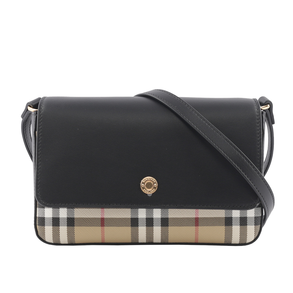 BURBERRY Penny 格紋帆布拼小牛皮翻蓋斜背包/經米色/黑色, , large