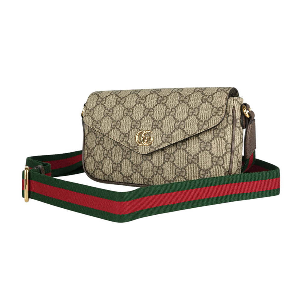 GUCCI Ophidia 塗層帆布及綠紅織帶信封式迷你斜背包/米色/烏木色, , large
