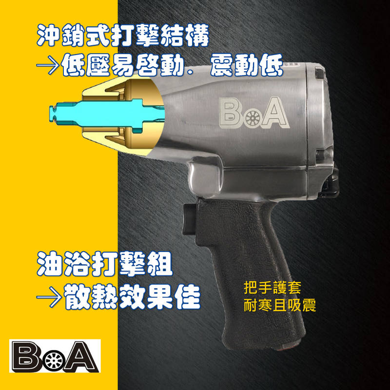 【BOA】氣動扳手 機車 汽車專業四分 PIN沖銷結構震動低 大扭力 散熱佳 氣動工具, , large