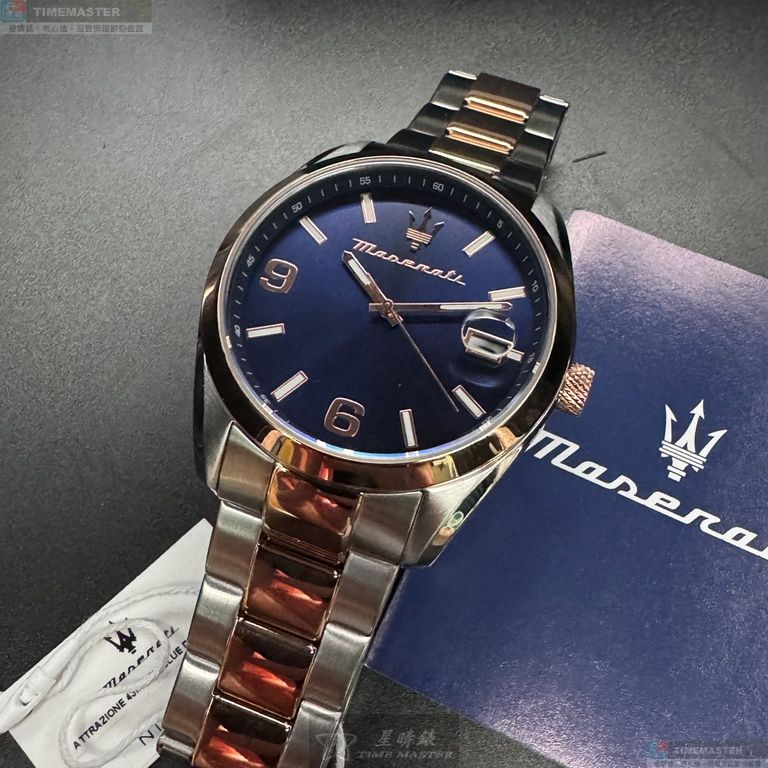 [星晴錶業]MASERATI手錶,42mm,R8853151006寶藍色錶面玫瑰金錶殼金銀相間精鋼錶帶款, , large