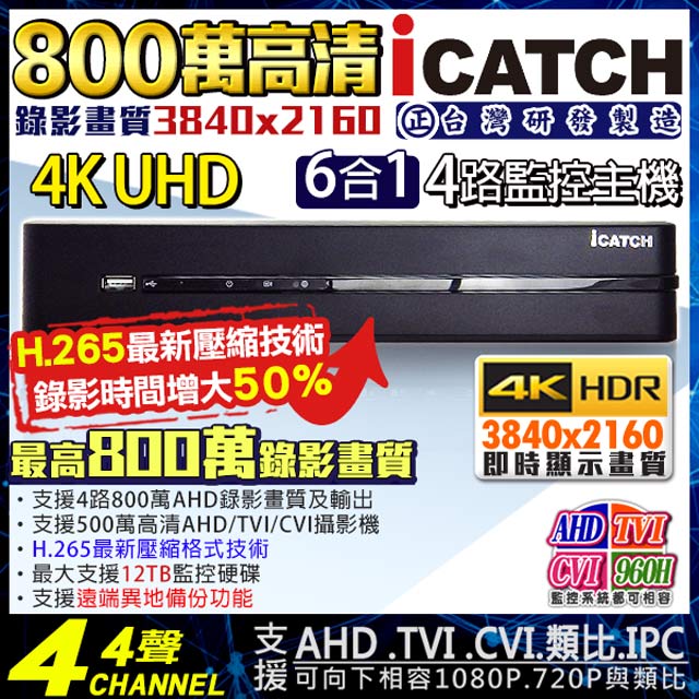 【KingNet】 KMQ-0425EU-K 可取 ICATCH 4路監視主機 800萬 8MP 5MP/1080P/720P/960H 監控主機, , large