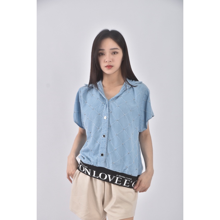 (S) fang fang丹寧牛仔棉質純棉藍色短袖上衣二手衣