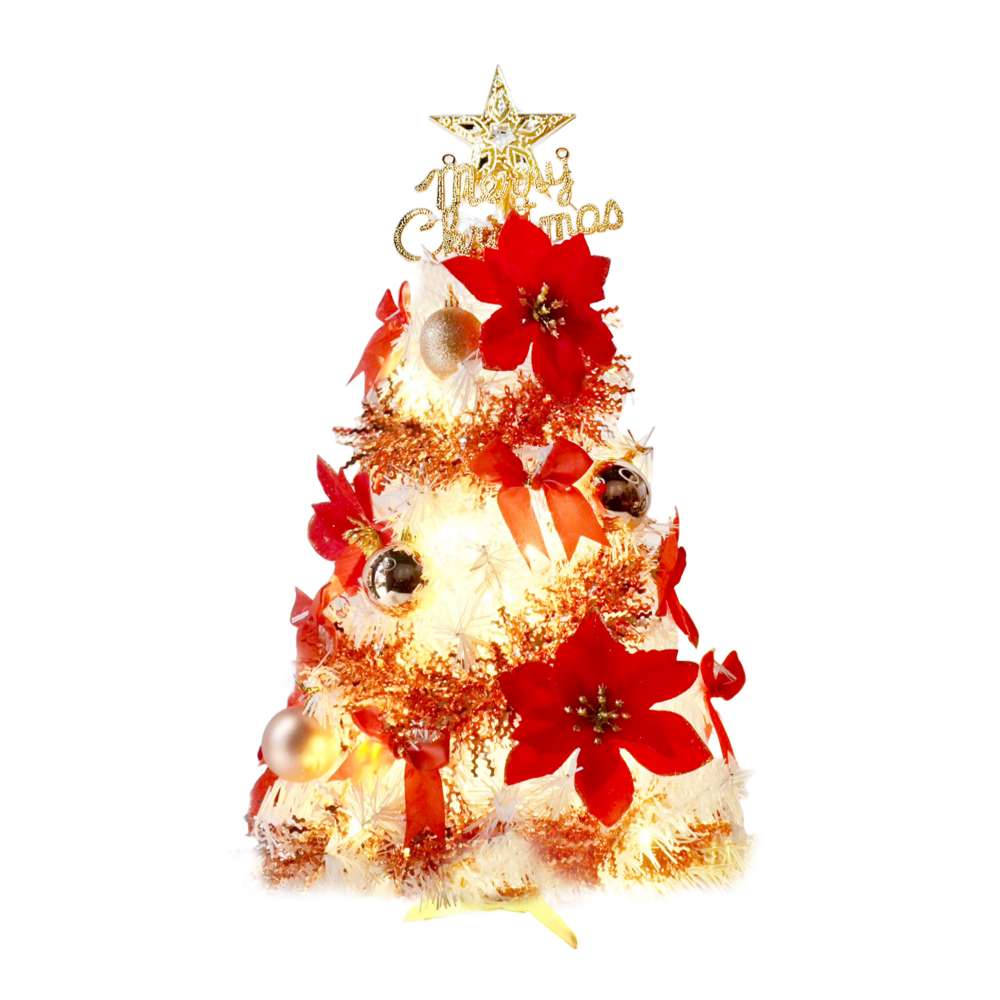 摩達客-台灣製2尺(60cm)精緻白色聖誕樹+熱情西班牙聖誕花紅金系飾品組+50燈LED燈串暖白光-USB電池盒兩用充電/本島免運費MIT歐美外銷款, , large
