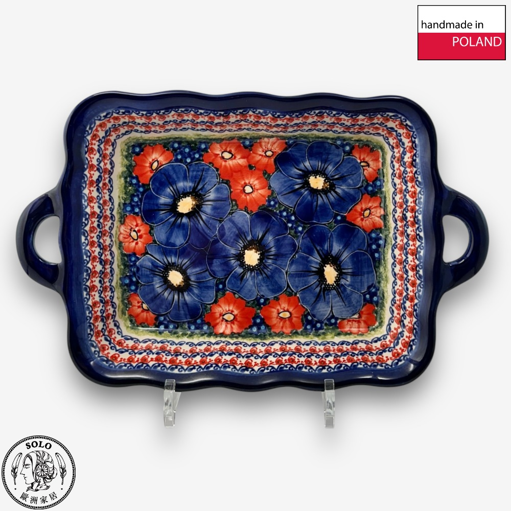 【SOLO Vintage】Cerraf Polish Pottery 30.5cm Baking Pan Dish Red and Blue Blossoming Elegance Series Made in Poland, , large