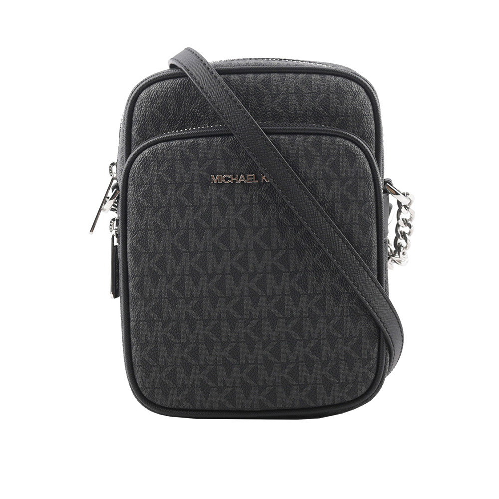 Michael Kors 銀字滿版塗層帆布拉鍊中款直式斜背包/黑色, , large