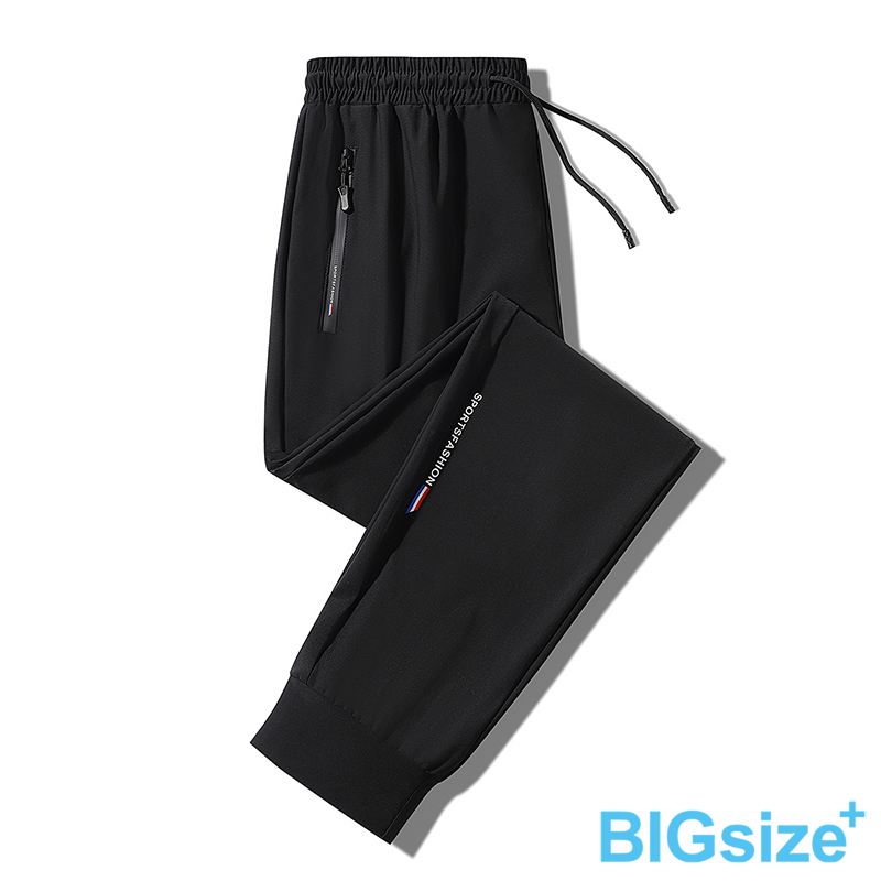 超值大尺碼-鬆緊帶 排汗 束口 冰絲長褲-黑-0204165, , large