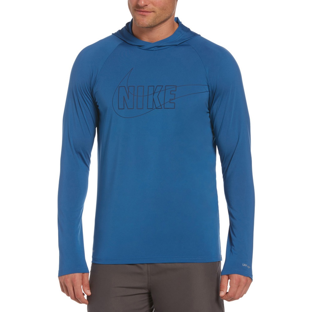 NIKE OUTLINE LOGO HOODED成人男性連帽防曬衣 戶外運動 乾爽 透氣 彈性 舒適 抗UV 黑 白 藍, 藍,M, large