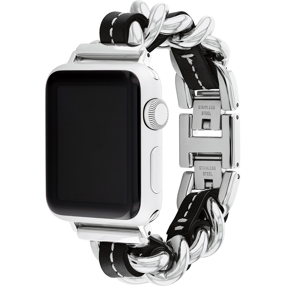 COACH Apple Watch 錶帶 38/41mm 適用 鍊帶結合皮錶帶- 銀x黑(不含手錶)