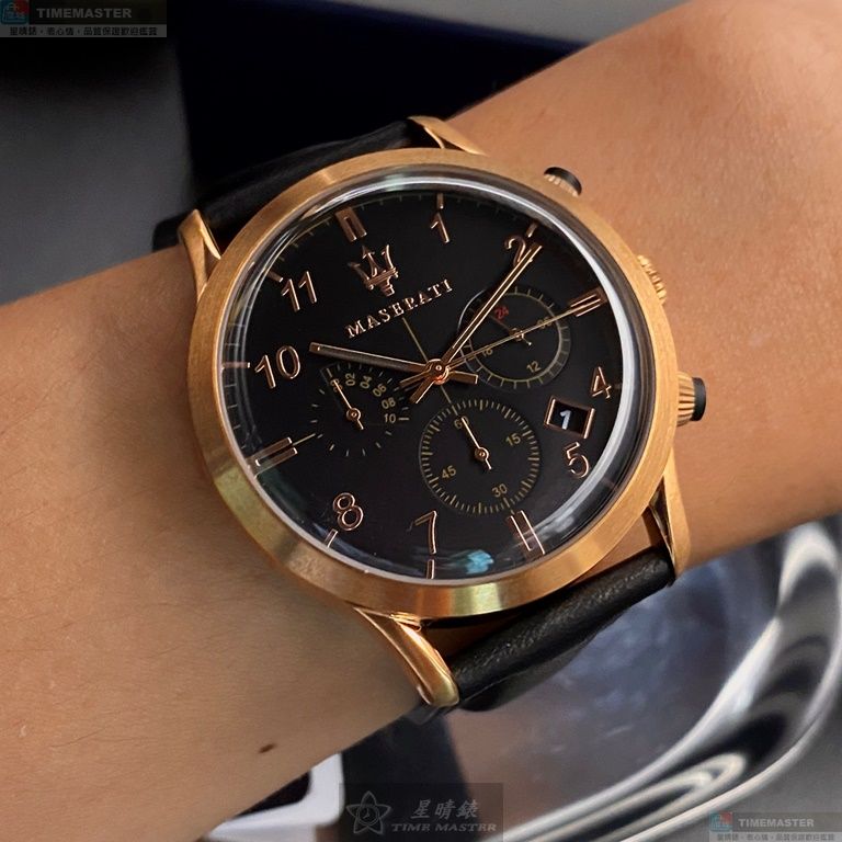 [星晴錶業]MASERATI手錶,42mm,R8871625004黑色錶面玫瑰金錶殼深黑色真皮皮革錶帶款, , large